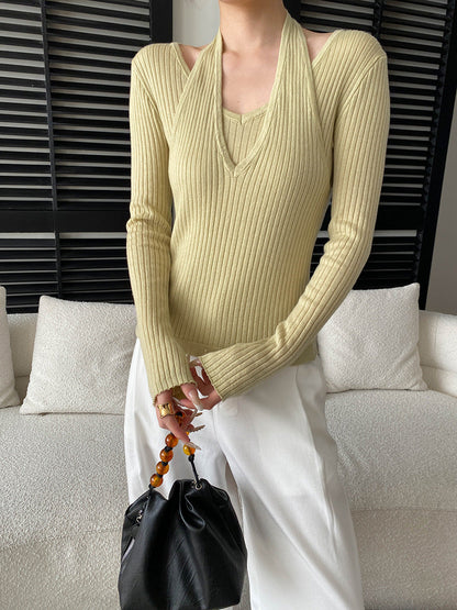 Damen Strickpullover V-Ausschnitt mit Cut-Outs Elegant