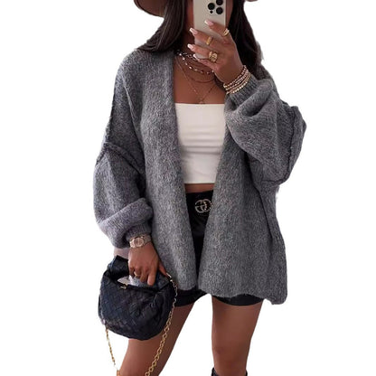 Damen Strickjacke Kuschelig Voluminöse Ärmel Grau Eveloria