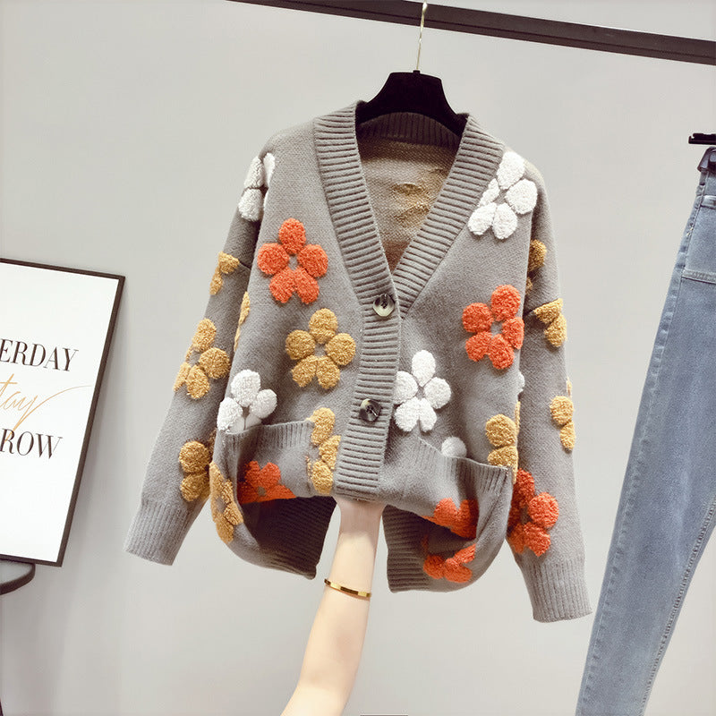 Damen Strickjacke Floralmuster Offen Vorne Eveloria