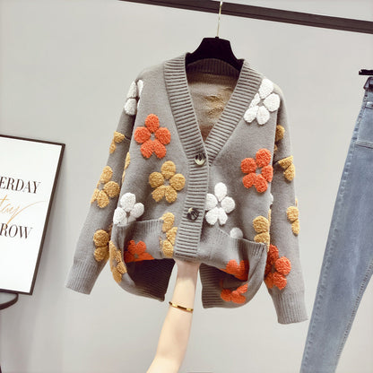 Damen Strickjacke Floralmuster Offen Vorne Eveloria