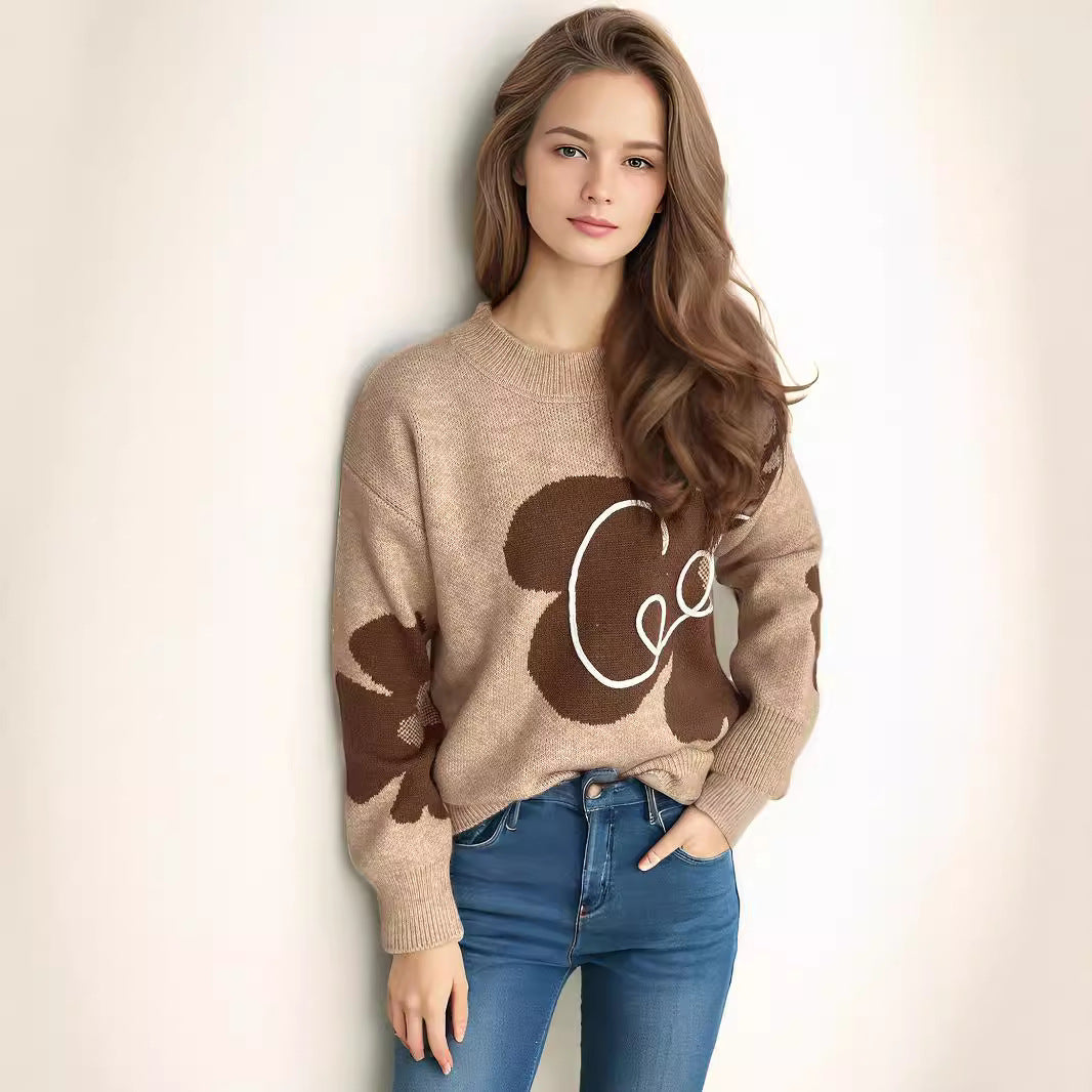 Damen Strickpullover Weich Florales Design Beige - Eveloria