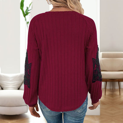 Damen Pullover V-Ausschnitt Spitze Ärmel Eveloria