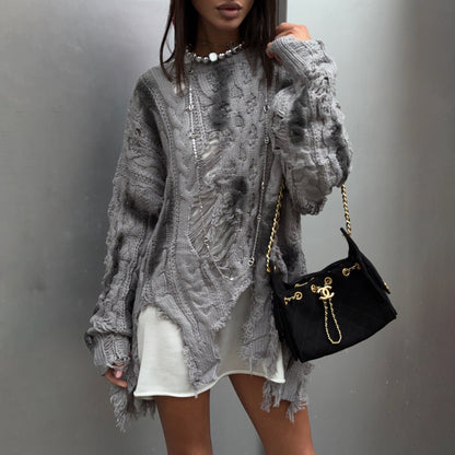 Damen Oversized Pullover Grobgestrickt Fransen Beige