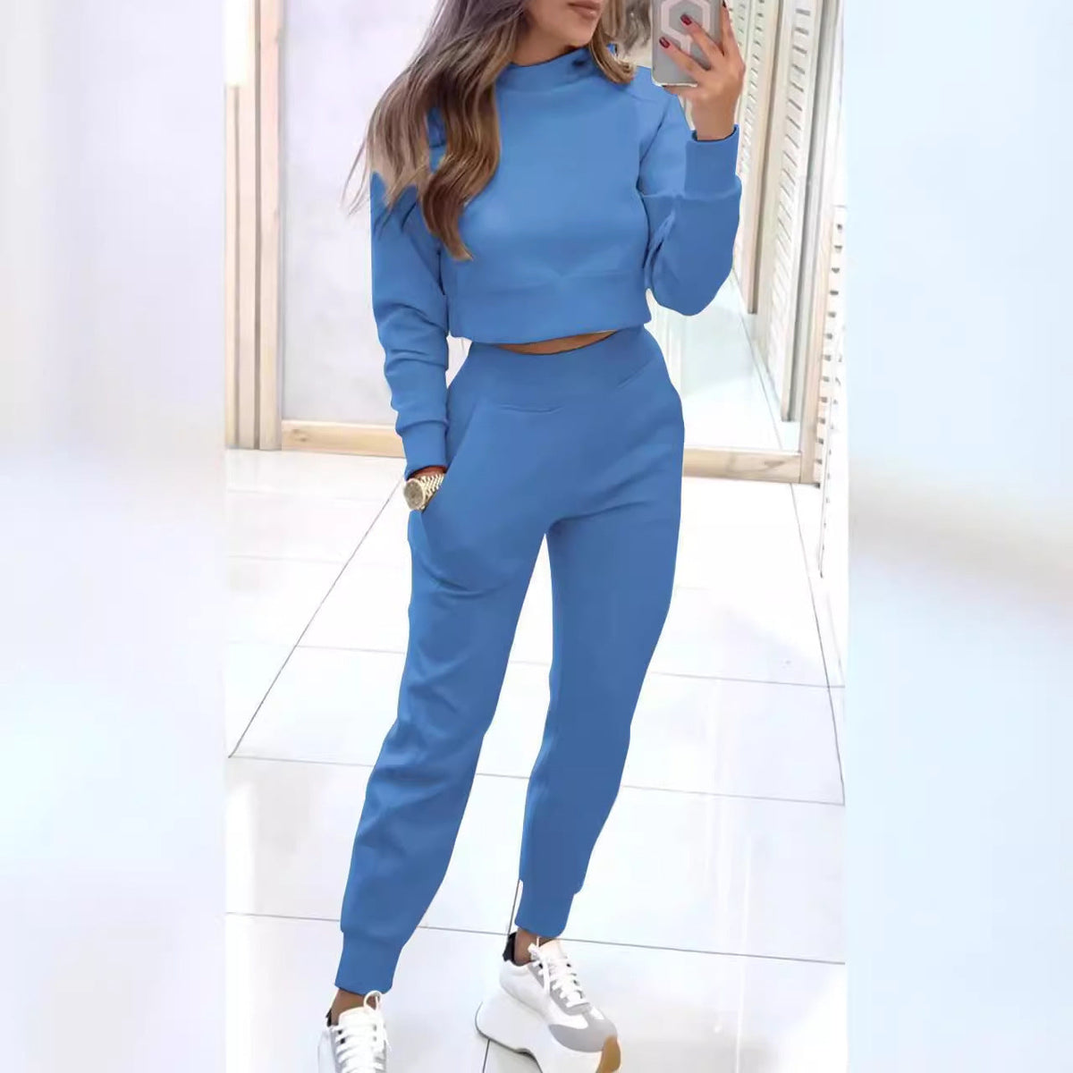 Damen Sportset Baumwolle Kuschelig Cropped Oberteil Elastisch