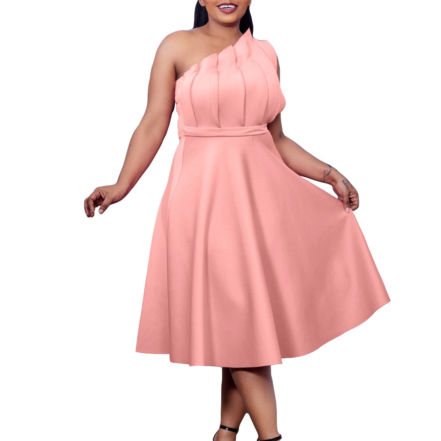 Damen A-Linien Kleid Asymmetrische Falten Elegante Taillierung
