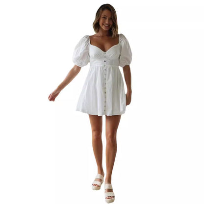 Damen Sommerkleid Skandinavisches Design Puffärmel Blümchenweiß