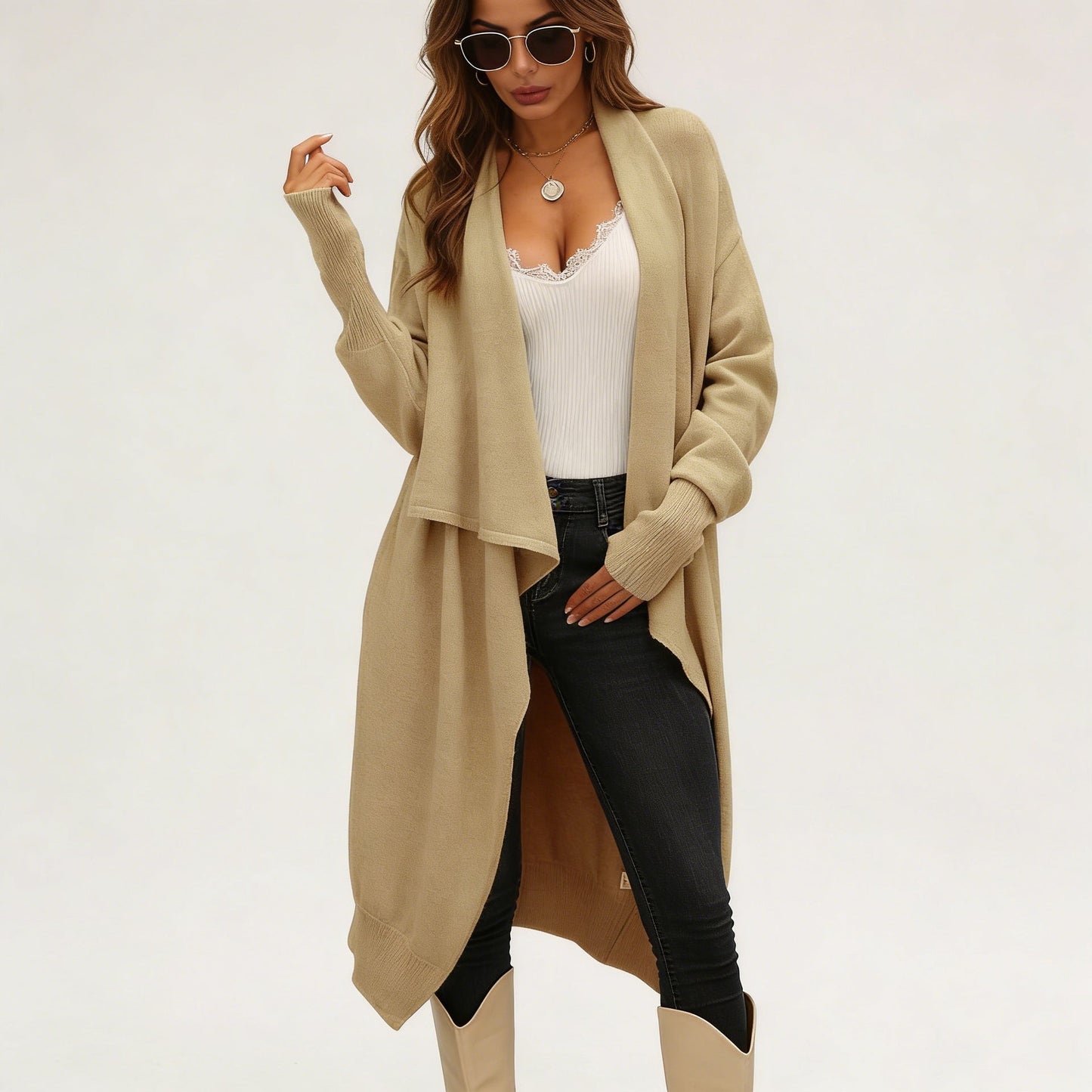 Damen Strickcardigan Asymmetrisch Weich Beige Eveloria