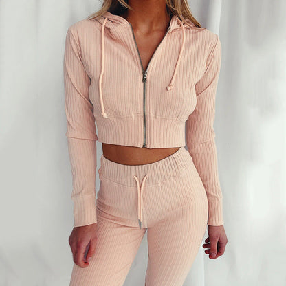 Damen Sportliches Hoodie-Set Feines Rippdesign Hochwertig Beige