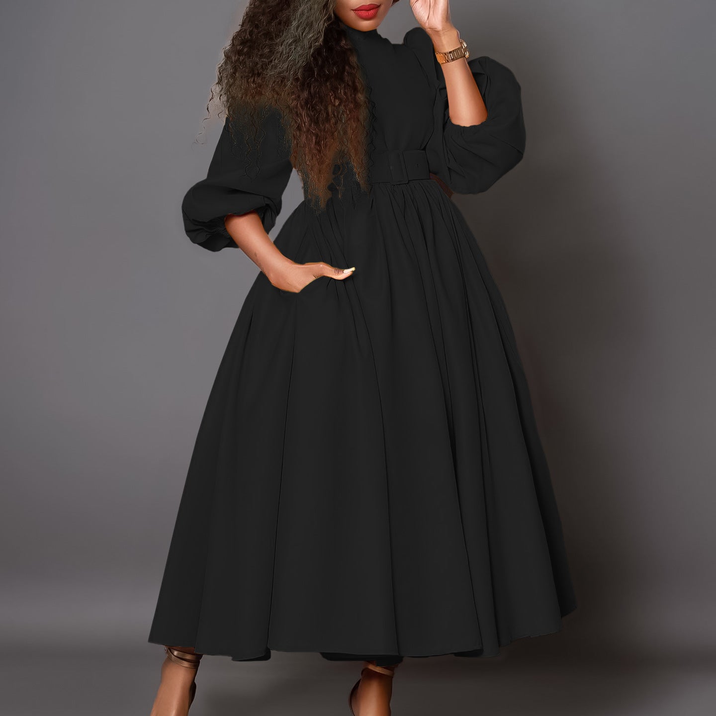 Eveloria Damen Maxikleid Hochkragen Abnehmbarer Gürtel
