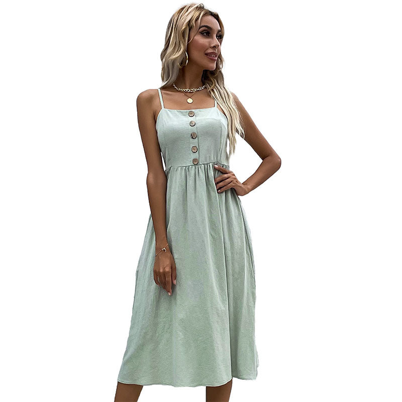 Damen Midi-Kleid mit Knopfleiste und verstellbaren Trägern Eveloria