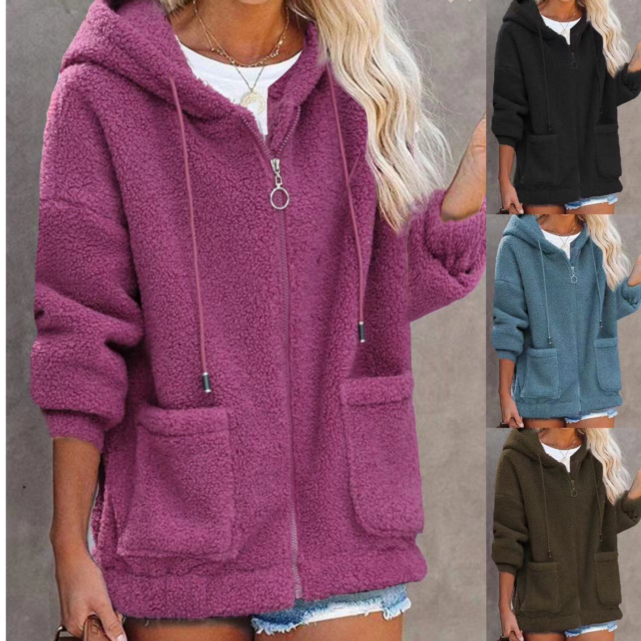 Damen Fleece Hoodiejacke Kapuze Taschen Schwarz Eveloria - Eveloria