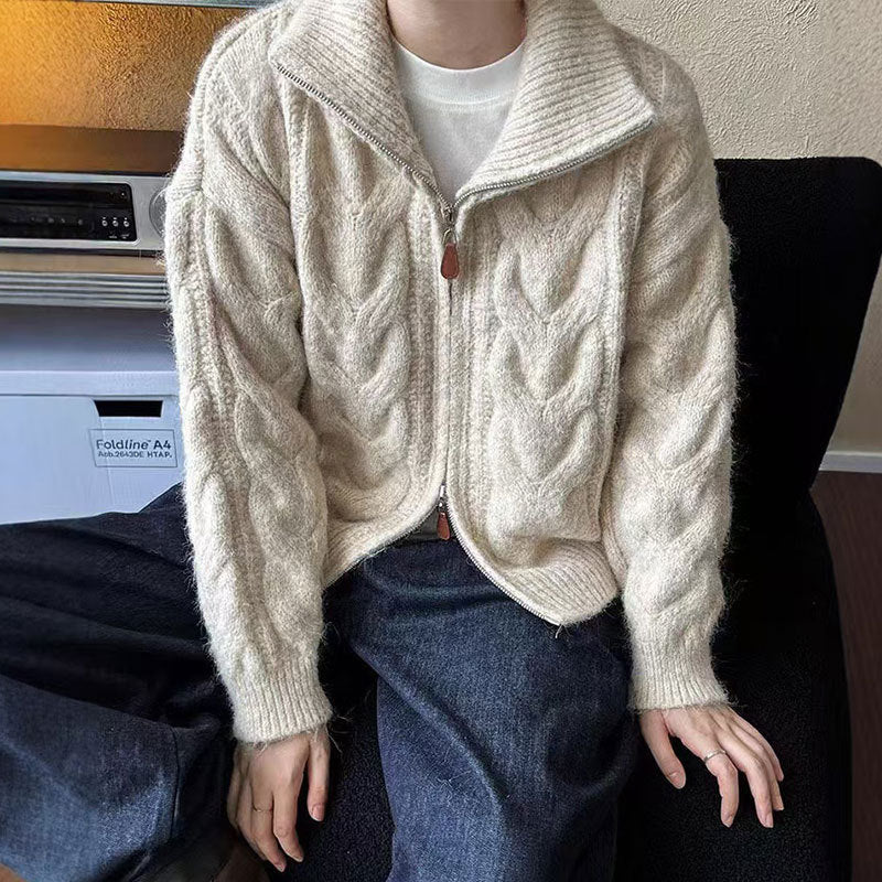 Damen Grobstrickpullover Hochkragen Dekorativer Reißverschluss - Eveloria