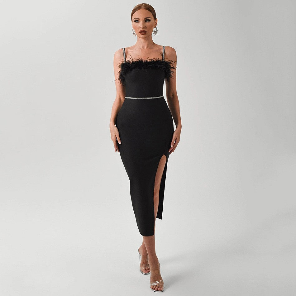 Damen Abendkleid Spitzenbesatz Schlitz Schwarz Eveloria - Eveloria