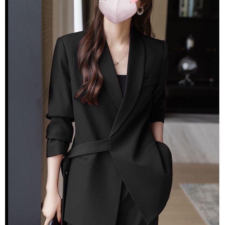 Damen Blazer Asymmetrisch Taillengürtel Eveloria