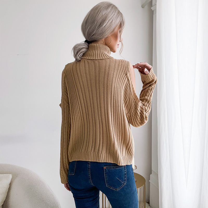 Damen Off-Shoulder Strickpullover Hoher Kragen Eveloria