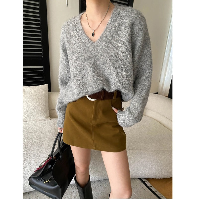 Damen Pullover V-Ausschnitt Weich aus Merino-Wolle Beige