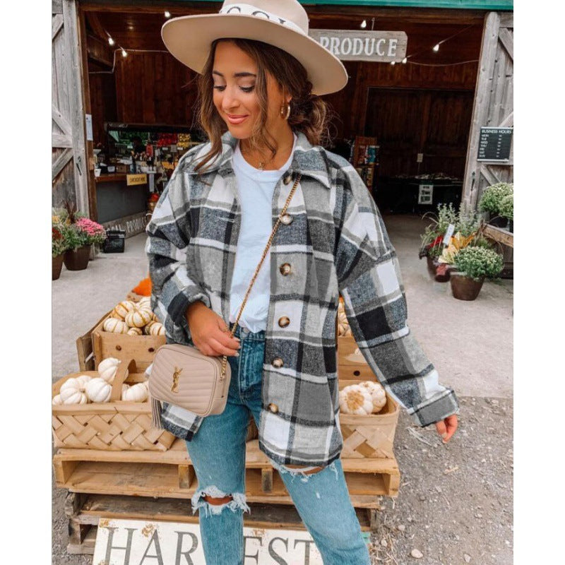Damen Flanellhemdjacke Karomuster Knopfverschluss Eveloria