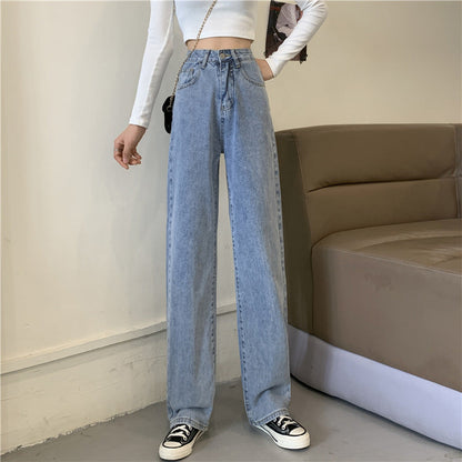 Damen Highwaist Jeans Weit Bequem Blau Eveloria
