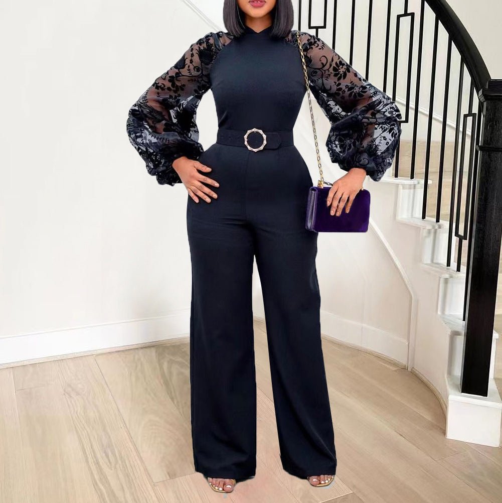 Damen Jumpsuit Puffärmel Taillengürtel Eveloria - Eveloria