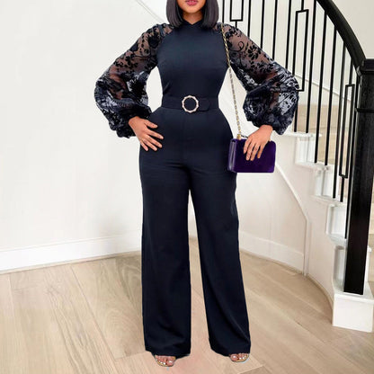 Damen Jumpsuit Puffärmel Taillengürtel Eveloria - Eveloria