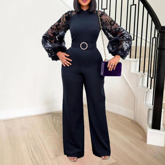 Damen Jumpsuit Puffärmel Taillengürtel Eveloria - Eveloria