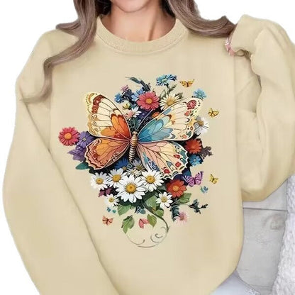 Damen Langarm Sweatshirt Floralmuster Schmetterling Druck Eveloria