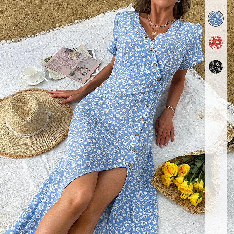 Damen Blumenkleid mit Knöpfen und Seitenschlitz - Eveloria