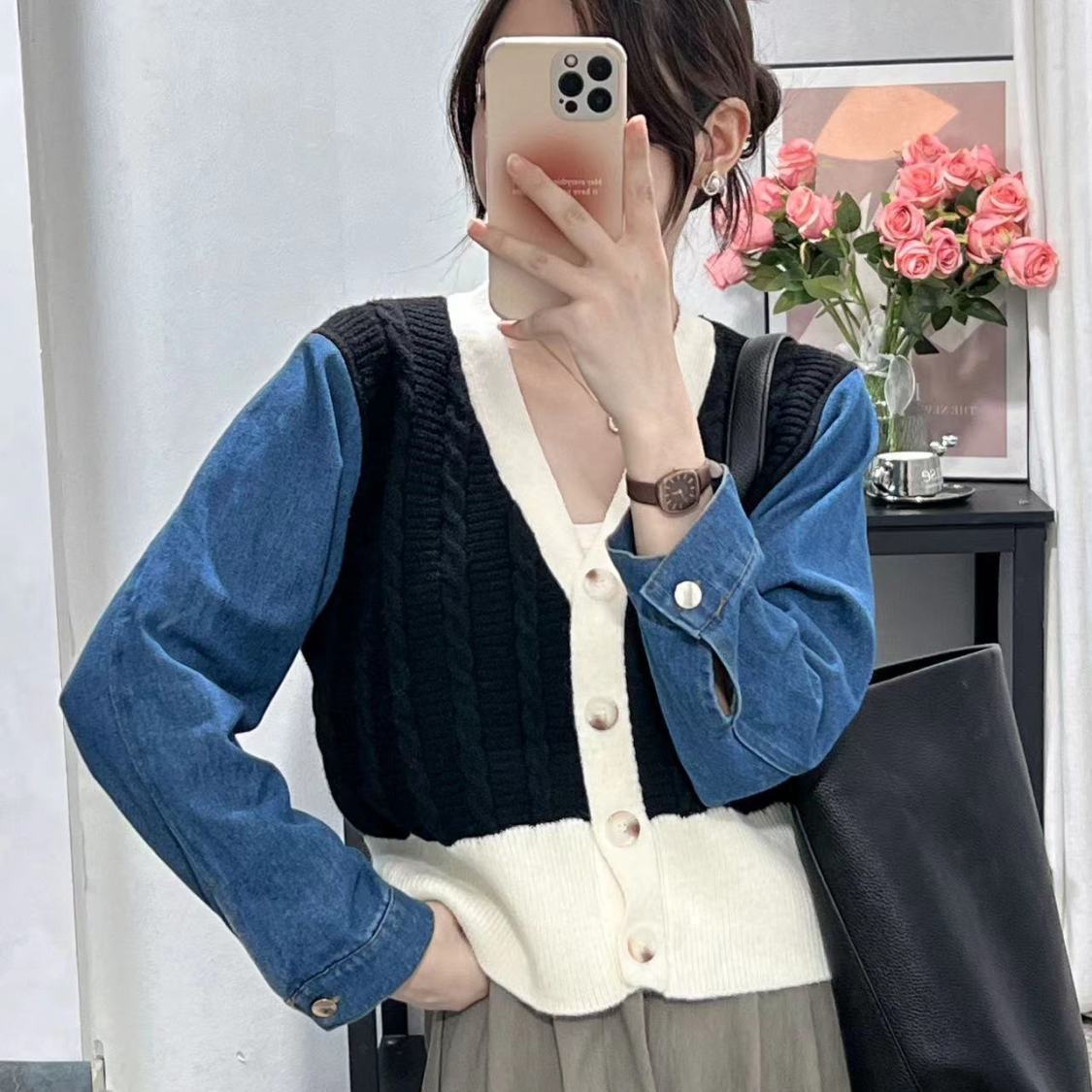 Damen Strickcardigan mit Denim-Ärmeln Blau Eveloria