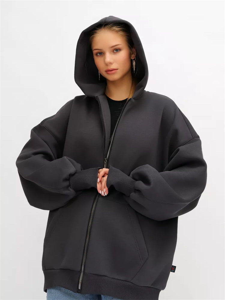 Damen Oversized Kapuzenjacke Hoch Bündchen Reißverschluss Eveloria