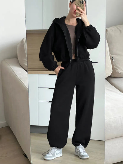 Damen Cropped Fleecejacke Hohe Taille Jogginghose Eveloria