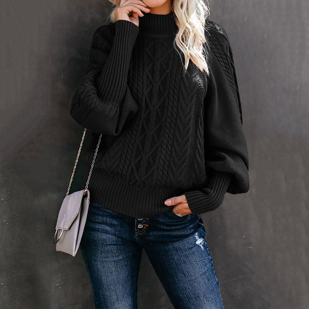 Damen Grobstrickpullover Stehkragen Ballonärmel Eveloria