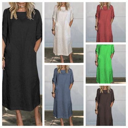 Damen Leinen-Midikleid mit Seitentaschen und Umschlagärmeln Beige - Eveloria