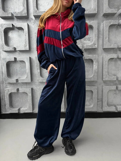 Damen Jogginganzug Velours Streifen