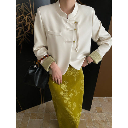 Damen Chiffon-Jacke mit asiatischen Knöpfen und Komfort-Schnitt - Eveloria