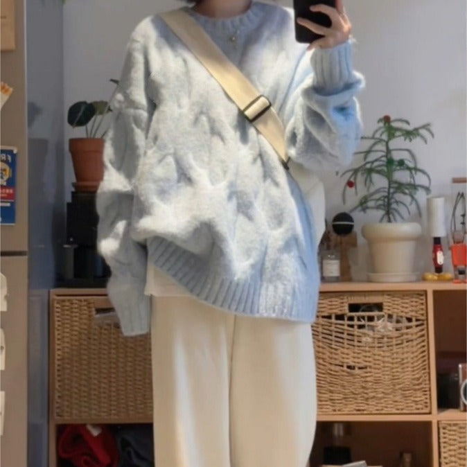 Damen Grobstrickpullover Strukturiertes Zopfmuster Lässiger Schnitt