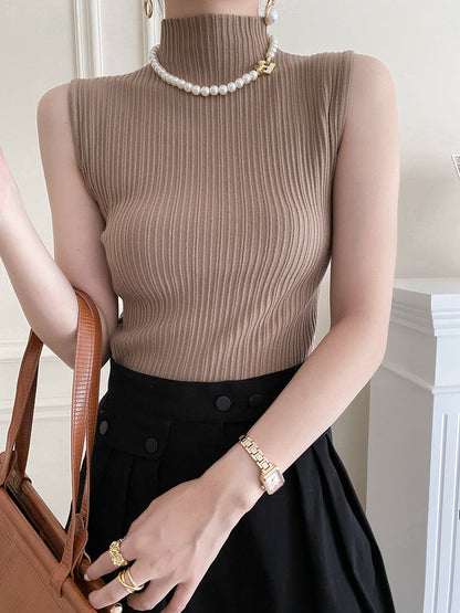 Damen Rippstrick Oberteil mit Stehkragen Hellbeige Eveloria