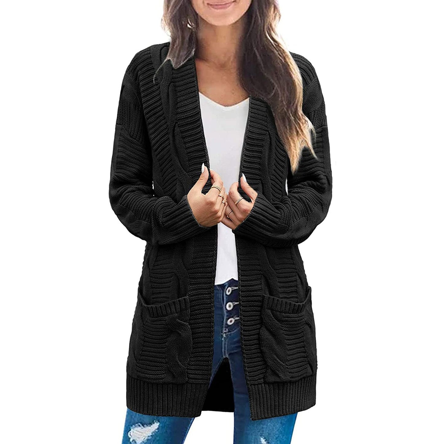 Damen Grobstrick Cardigan mit Taschen Strukturierter Look Beige
