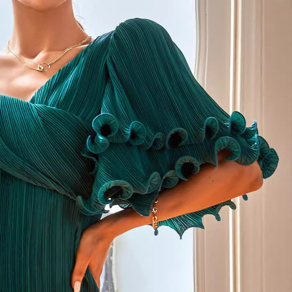 Damen Plisseekleid Voluminöse Rüscheärmel Eveloria