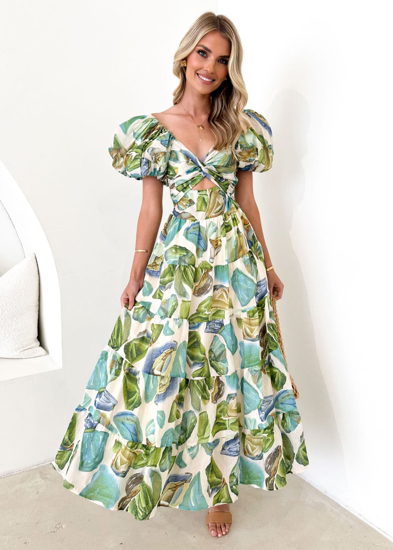 Damen Maxikleid Schulterfreies Design Puffärmel Eveloria