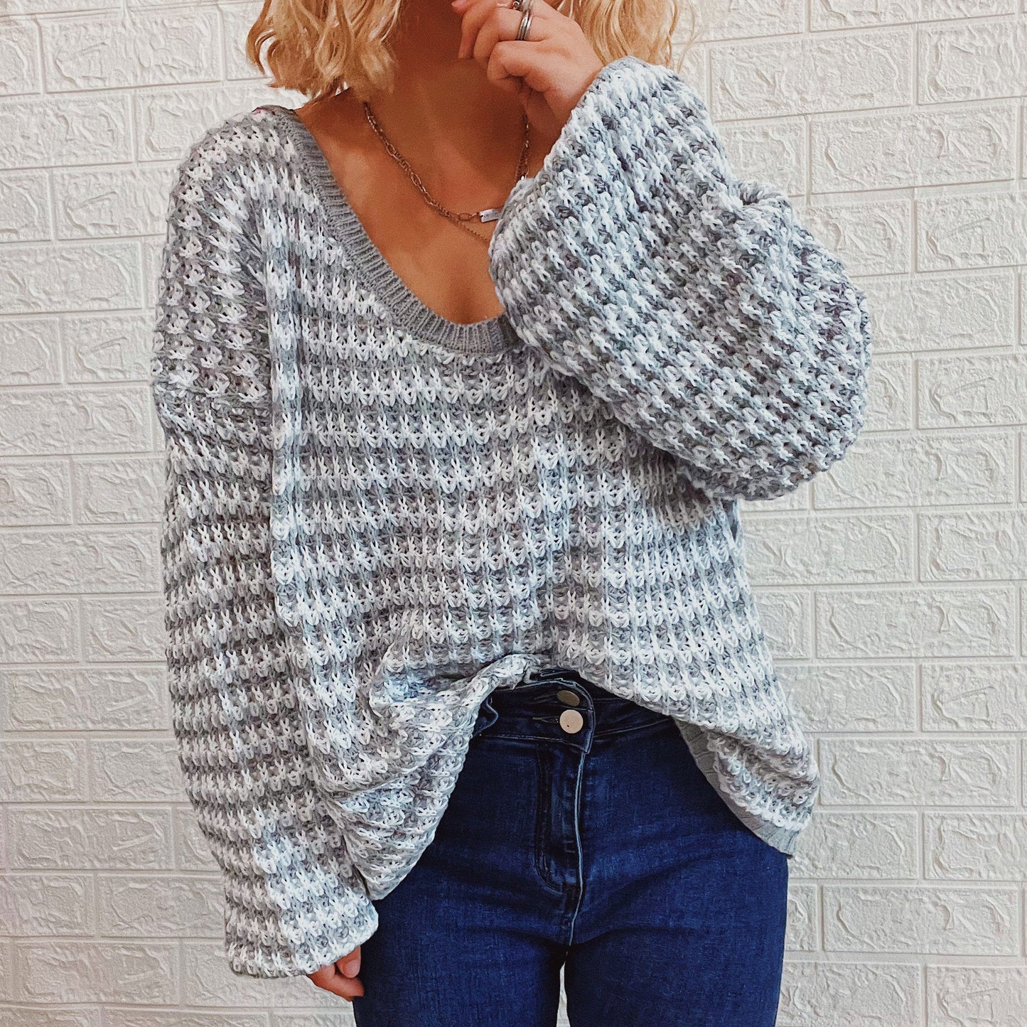 Damen Strickpullover V-Ausschnitt Weites Design Eveloria