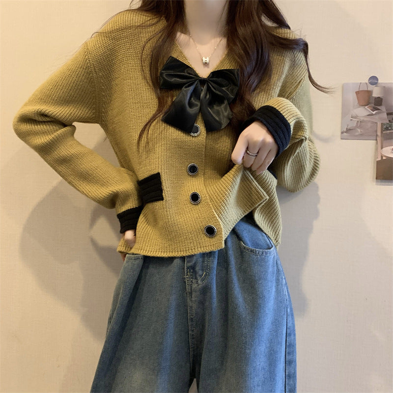 Damen Strickjacke mit Satinband und Knöpfen