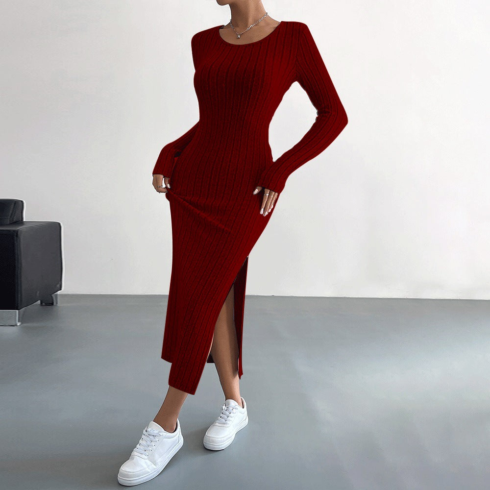 Damen Strickmaxikleid Langer Ärmel Seitenschlitz Eveloria