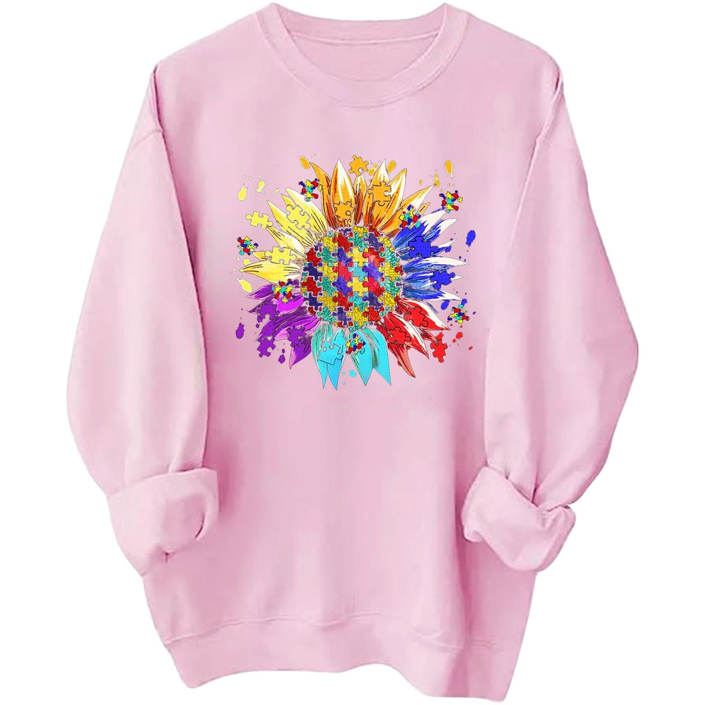 Damen Sweatshirt Puzzle-Blumenmotiv Baumwolle Bequem