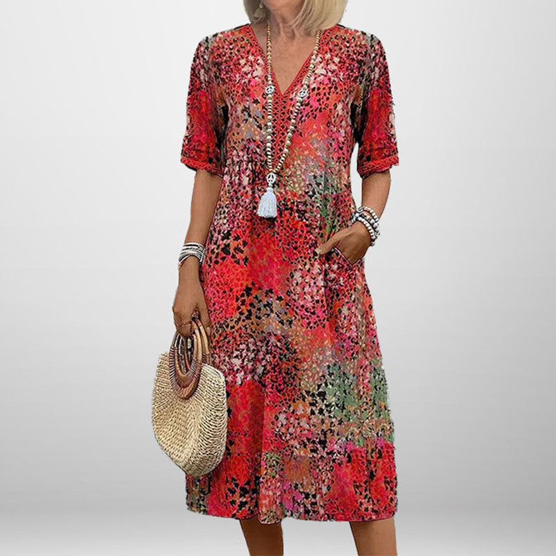 Damen Tunika-Kleid Muster V-Ausschnitt Eveloria