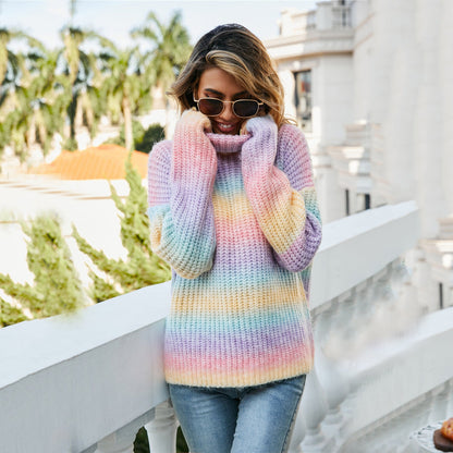 Damen Pullover Weitem Rollkragen Bunt Wellenmuster