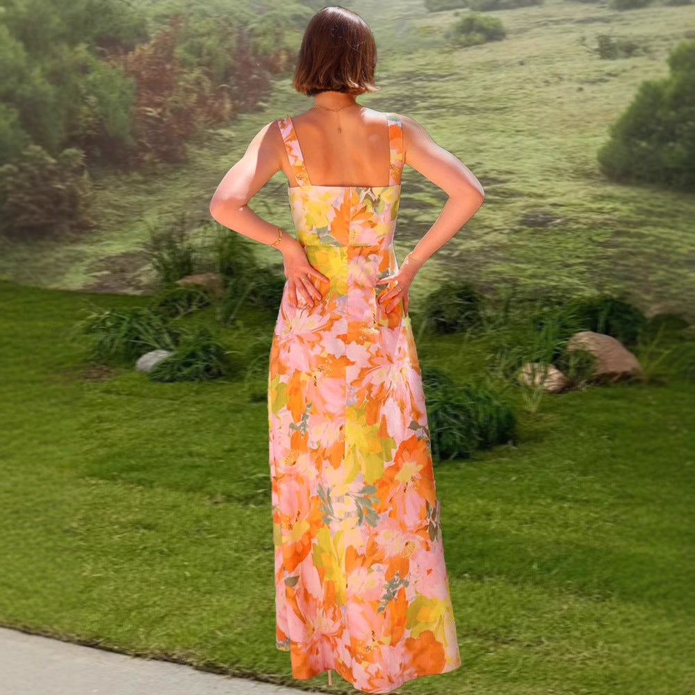 Damen Maxikleid Florale Blume Tailliert Spaghettiträger Eveloria