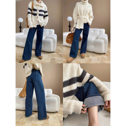 Damen Strickjacke Streifenlook mit Knöpfen Kuschelig Grau