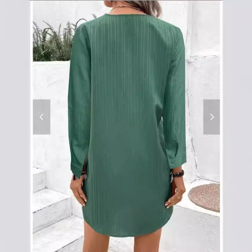Damen Bluse V-Ausschnitt Streifenbluse aus Leinen mit Knöpfen Blau