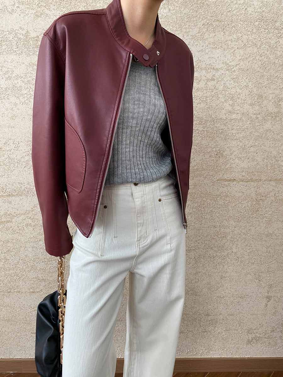 Damen Kunstlederjacke Stehkragen Taschen Eveloria