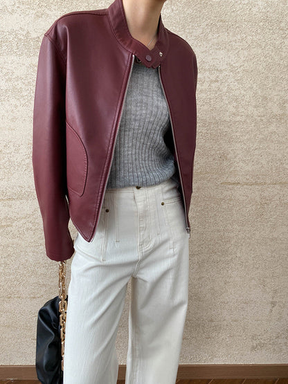Damen Kunstlederjacke Stehkragen Taschen Eveloria